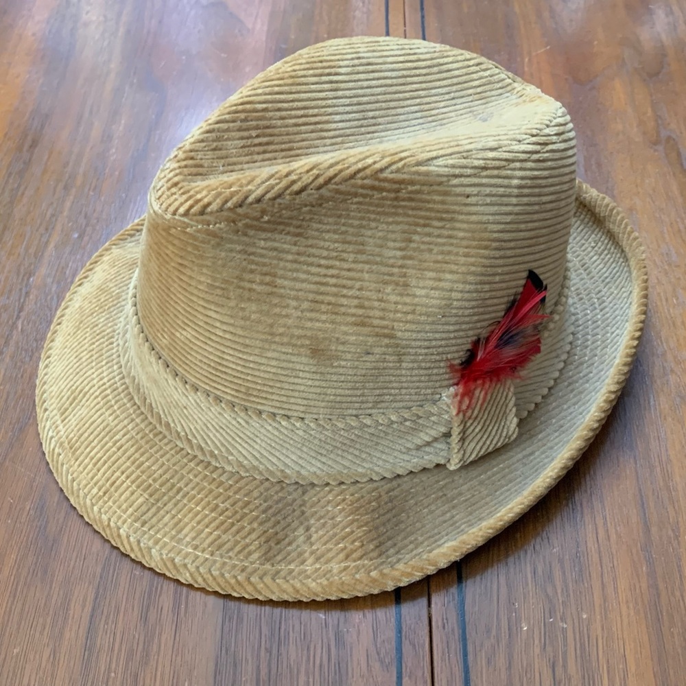Bee Hats custom made brown corduroy Fedora with feather